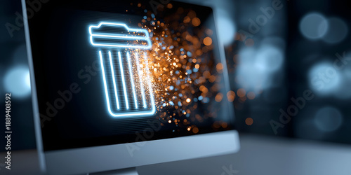 A modern computer screen displaying a glowing trash can icon, representing digital data deletion and modern technology concepts.
