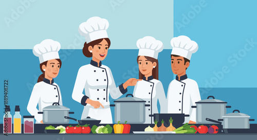 A group of four chefs standing behind a counter with cooking pots 
