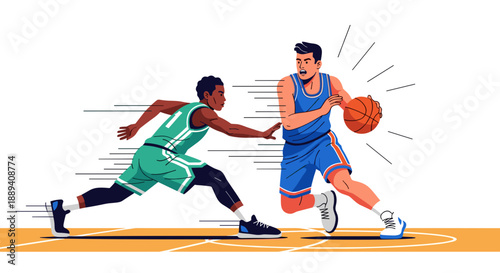 Two basketball players in action on a court with one dribbling 