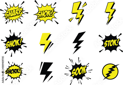 Comic book style sound effect bursts and lightning bolt graphics