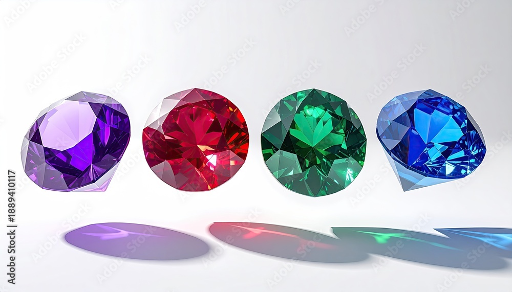 Fototapeta premium Four faceted colorful gems with shadows on white