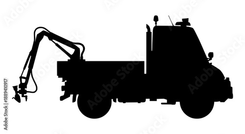 Crane truck silhouette featuring a mechanical arm with a grabber for industrial and construction use against a white background vector.