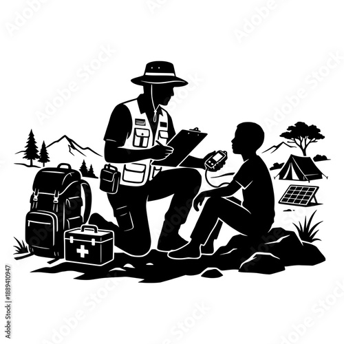 Outdoor expedition leader instructing young explorer with medical kit and solar panel in wilderness vector silhouette