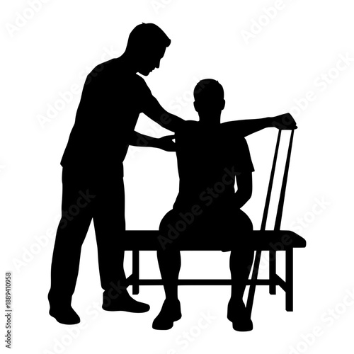Physical therapist examining patient's shoulder while seated on a bench, showcasing rehabilitation and care, vector silhouette.