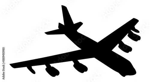 Silhouette of a large bomber airplane flying in the sky featuring multiple engines and wings against a white background vector