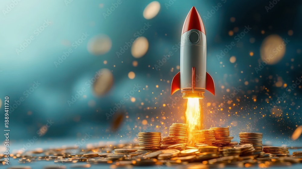 Naklejka premium red and white rocket blasting off from stacks of gold coins with flames, sparks and flying coins, conveying excitement, momentum and financial ambition