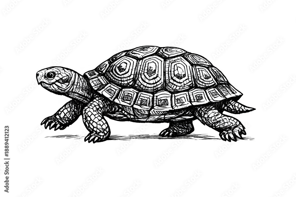 Fototapeta premium Black and white hand-drawn illustration of a tortoise or land turtle walking. Vintage engraving style reptile art on a black background.