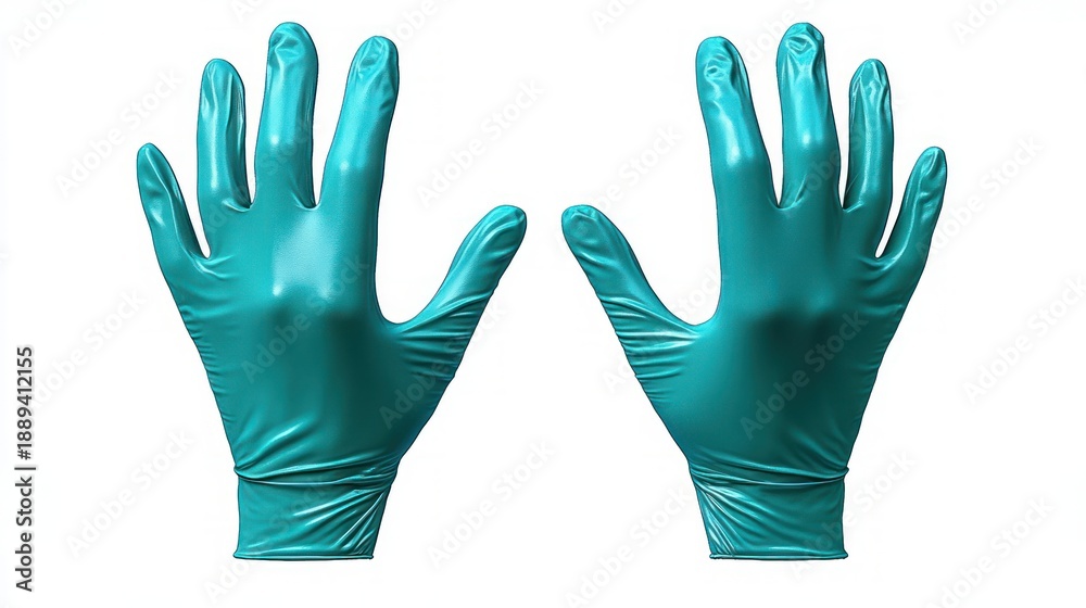 Obraz premium pair of teal disposable medical gloves with open palms and spread fingers on white background conveying sterile professional protection