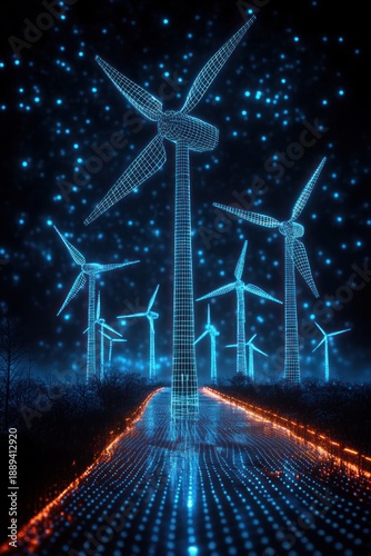 Glowing wireframe wind turbines rising above a luminous digital pathway under a starry night sky with dark tree silhouettes, evoking futuristic awe and serene energy