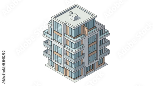 Modern apartment building isometric illustration with balconies and large windows