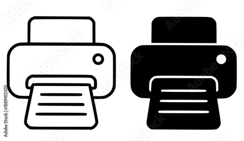 Printer illustration icon, black and white in outline and silhouette style