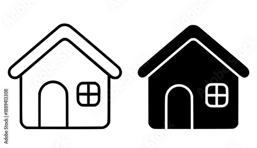 Home illustration icon, black and white in outline and silhouette style