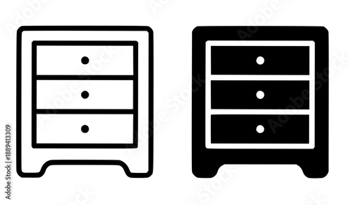 Drawer illustration icon, black and white in outline and silhouette style
