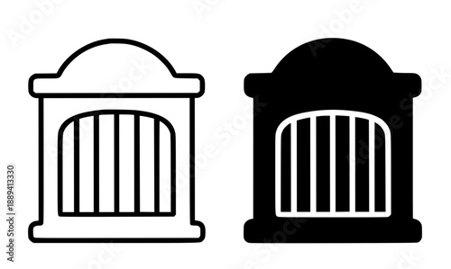 Prison illustration icon, black and white in outline and silhouette style