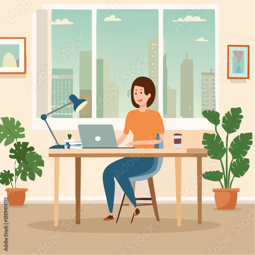 Woman working on laptop in modern office with city view and plants surrounding her workspace