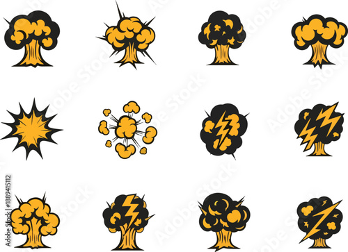 Twelve cartoon icons depicting various yellow and black explosions or mushroom clouds