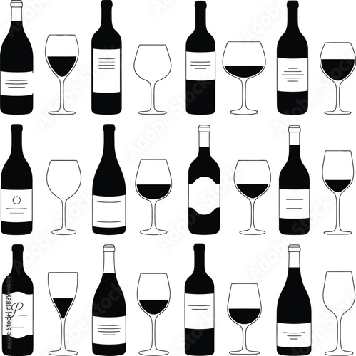 Collection of black wine bottles and glasses in a repeating pattern on a white background