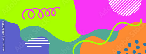 Colorful abstract composition featuring vibrant green magenta and blue organic liquid shapes with geometric line accents