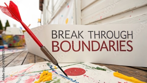 A red dart piercing through a banner with the words 'BREAK THROUGH BOUNDARIES' in a creative setting