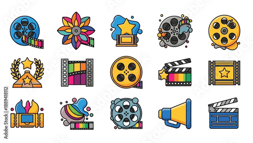 Collection of cinematic icons awards, film reels, projectors, and movie production tools