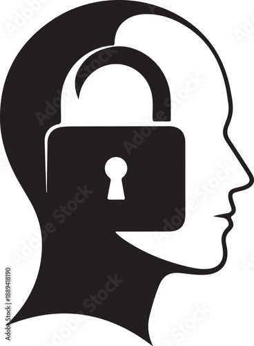 Silhouette of a human head with a padlock on the mouth securing silence