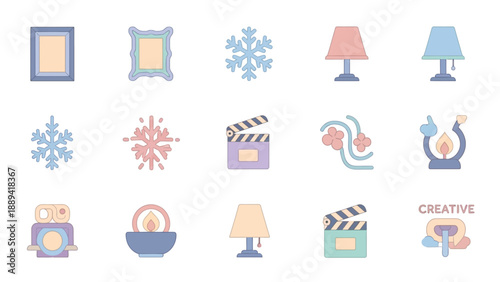 Collection of Various Creative and Decorative Icons with Soft Pastel Colors