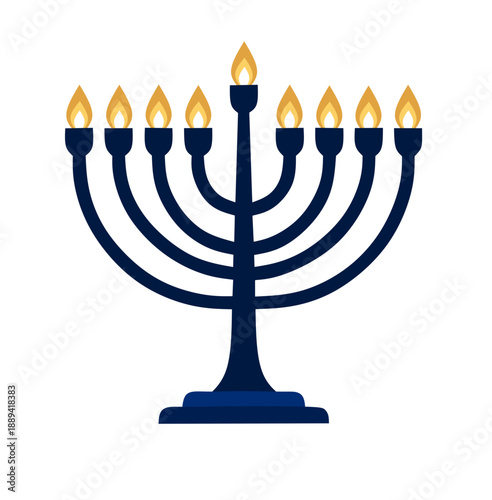 Hanukkah menorah candelabrum with nine lit candles flat vector