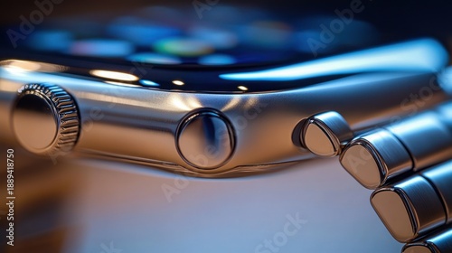 Wallpaper Mural polished stainless steel smartwatch side close-up showing rounded crown, push buttons and metal link bracelet with reflective curved display, sleek luxurious futuristic mood Torontodigital.ca