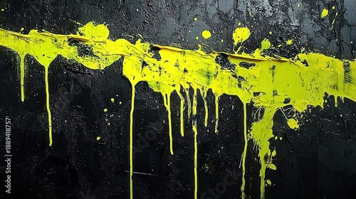 Wallpaper Mural neon yellow paint smear and splatter with long drips on a textured black surface, bold energetic abstract expression Torontodigital.ca