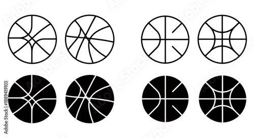 Set of circular segmented basketball icons in outline and solid styles.