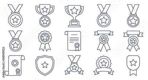 Collection of illustrated medals, ribbons, and trophies icons.