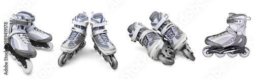 Fotografie various views of modern grey and purple inline roller skates, professional athletic footwear for street and leisure skating, isolated on a transparent background