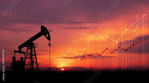 Oil extraction industry with sunset background and rising graph showing economic growth and fluctuations in energy market