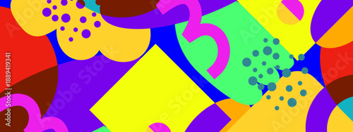 Dynamic abstract composition featuring purple and yellow overlapping shapes in a retro Memphis style