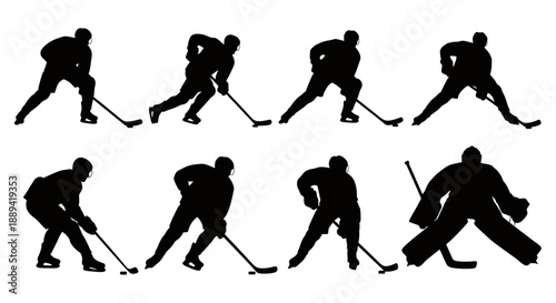 Silhouetted hockey players in action during a fast-paced team ice game.