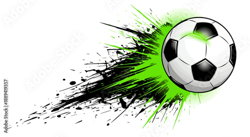 Dynamic soccer ball bursting through vivid green and black paint splash in action concept.
