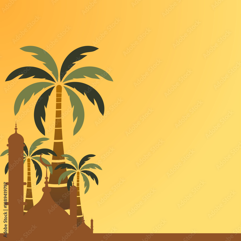 Fototapeta premium Ramadan Kareem Islamic Poster with Ketupat and Mosque Door, Luxury Gold Background Vector Illustration with Copy Space