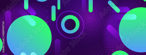 Vibrant purple and green digital art background featuring luminous circles and floating geometric elements with halftone dot patterns
