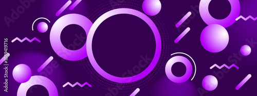 Modern purple composition with floating 3D spheres rings and zigzag lines in a trendy Memphis inspired digital art style