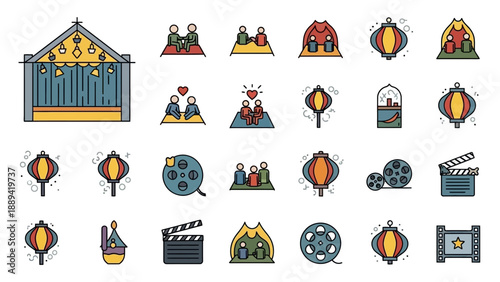 Collection of Flat Icons Representing Festivals, Entertainment, and Celebrations