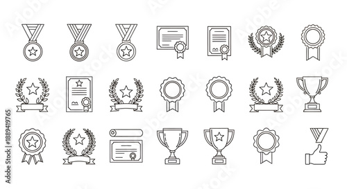 Collection of award icons including medals, trophies, certificates and laurel wreaths for design projects.
