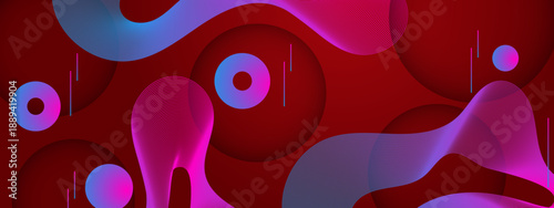 Striking deep red composition with vibrant blue and pink geometric shapes and flowing lines