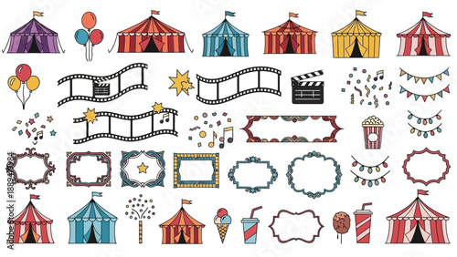 Fun fair and circus tents, party banners, movie elements, and festive decorations