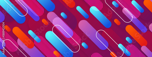 Vibrant red and blue background featuring a pattern of diagonal capsules and rounded geometric lines