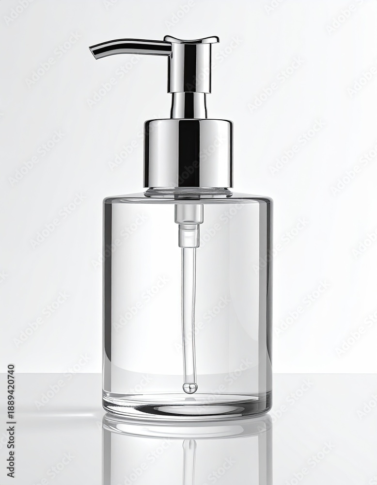 Obraz premium Clear glass bottle with chrome pump, minimalist