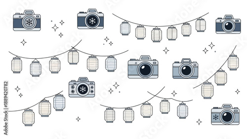 Hand-drawn illustrations of vintage cameras and festive lanterns on a white background