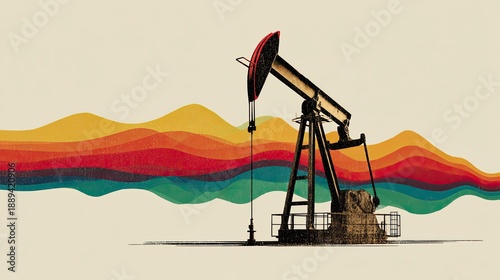 Oil Pump Jack Extracting Resources with Colorful Background Waves Illustrating Energy Production and Industry