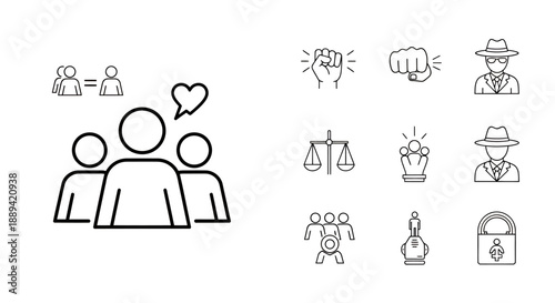 Line art icons depicting social concepts like community, equality, justice, power, strategy, and security, featuring people, fists, scales, chess pieces, and a padlock.