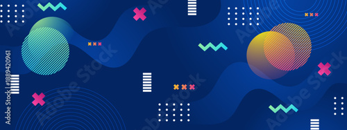 Modern dark blue backdrop with colorful circles crosses and zigzag patterns