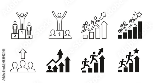 Icons representing success, achievement, progress, and growth in business and personal development.